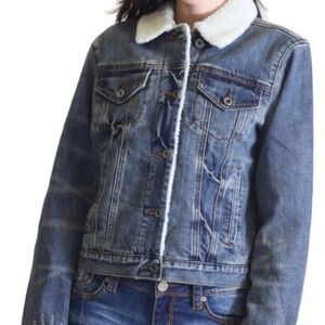 Grace in LA Blue Denim Jacket with White Sherpa Collar thick western jacket